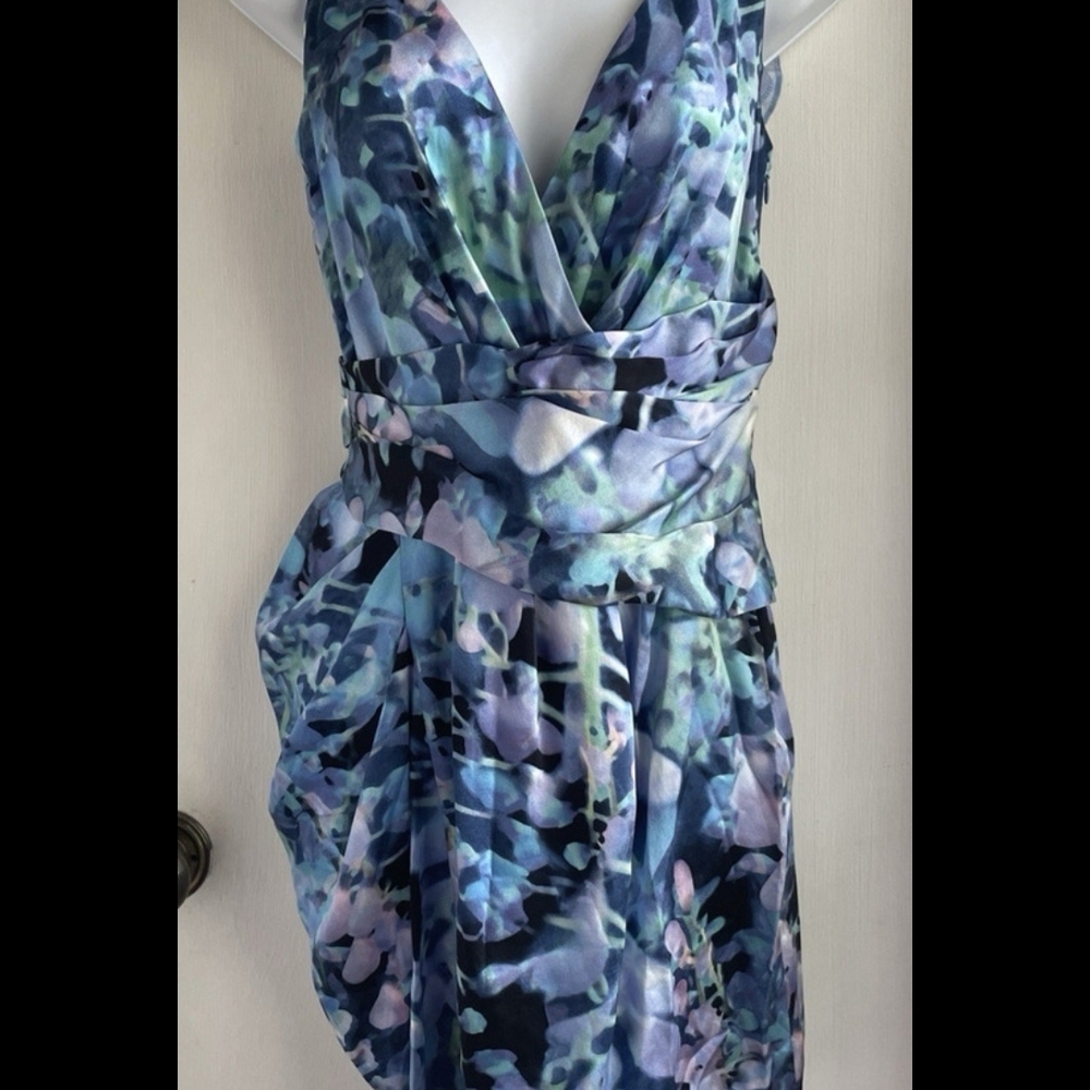 Cynthia Steffe Blue Floral Draped Mini silk Dress – Size 2